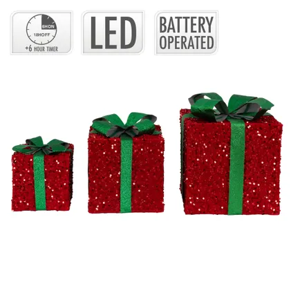 ECD Germany Set van 3 LED geschenkdozen Kerstmis met strikken, rood-groen, warm wit 5