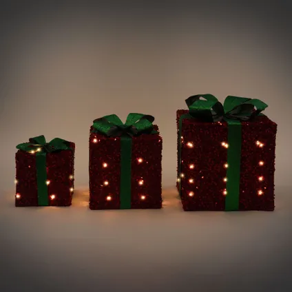 Set 3 boîtes cadeaux de Noël avec LED décoration illuminée vert/rouge minuteur 6