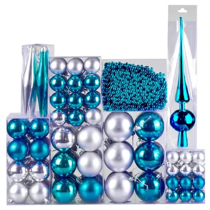 Ensemble de boules de Noël 4seasonz, 130 boules, pic et guirlande - Bleu/Argent 4