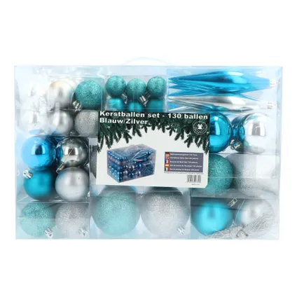 Kunststof Kerstballen set 130 ballen piek en parelsnoer - Blauw/Zilver 6