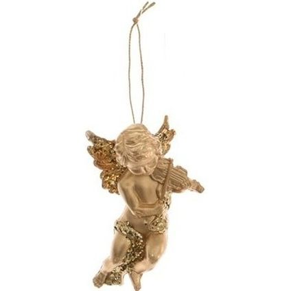 Kersthanger - engeltje met viool - goudkleurig - 10 cm