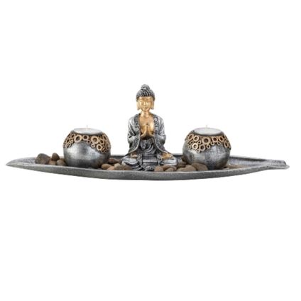 Boeddha beeldje met 2 kaarshouders op schaal - zilver - 30 x 11 cm