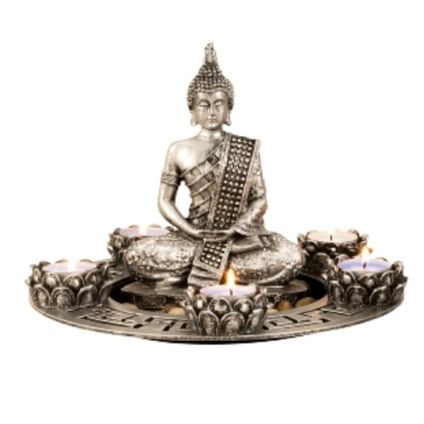 Boeddha beeldje met 5 kaarshouders op schaal - zilver - 27 x 20 cm
