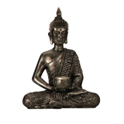 Boeddha beeldje met kaarshouder - zilver - 26 x 20 cm