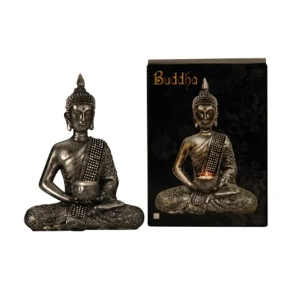Boeddha beeldje met kaarshouder - zilver - 26 x 20 cm 2