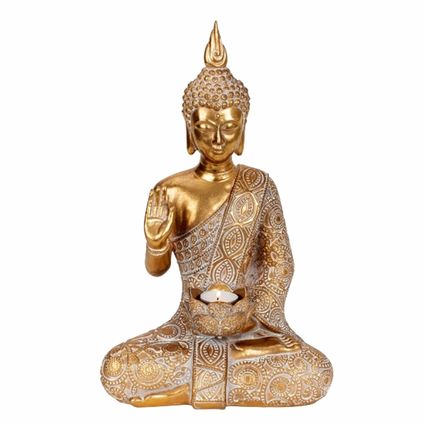 Boeddha beeldje - binnen/buiten - kunststeen - 38 x 23 cm - kaarsje