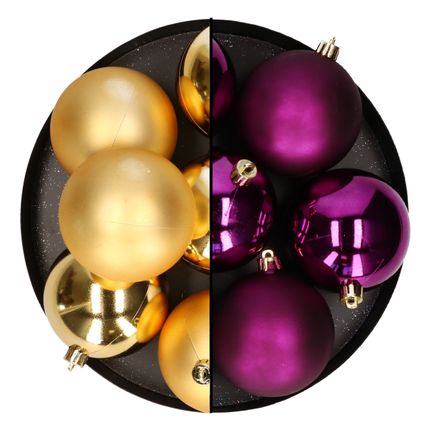 Decoris Kerstballen - 12x st - 8 cm - goud en paars -plastic