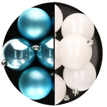 Decoris Kerstballen - 12x st - 8 cm - wit en blauw -plastic