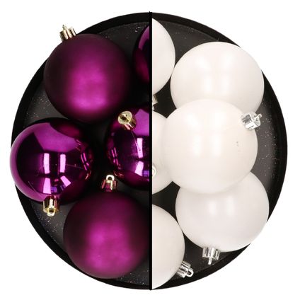Decoris Kerstballen - 12x st - 8 cm - wit en paars -plastic