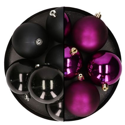 Decoris Kerstballen - 12x st - 8 cm - zwart en paars -plastic