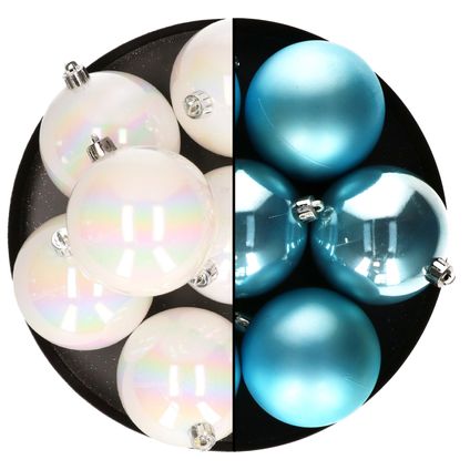 Decoris Kerstballen - 12x st - 8 cm - parelmoer en blauw -plastic