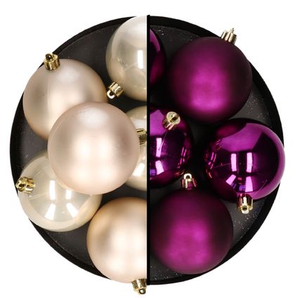 Decoris Kerstballen - 12x st - 8 cm - parelmoet en paars -plastic