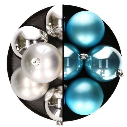 Decoris Kerstballen - 12x st - 8 cm - zilver en blauw -plastic