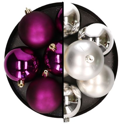 Decoris Kerstballen - 12x st - 8 cm - zilver en paars -plastic