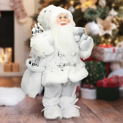 ECD Germany Vadertje Kerstmis Deco Figuur, 37 cm hoog, Wit, met Geschenktas en Geschenken 2