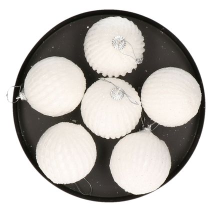 Krist+ luxe kerstballen - 6x stuks - wit relief - kunststof-6 cm