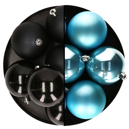 Decoris Kerstballen - 12x st - 8 cm - zwart en blauw -plastic