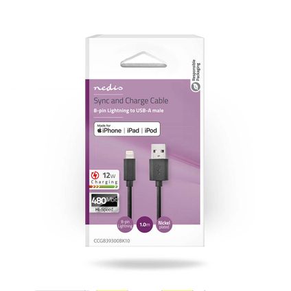 Nedis Lightning kabel Fresh Green Charge USB 2.0 - Apple Lightning 8-pins 1m zwart