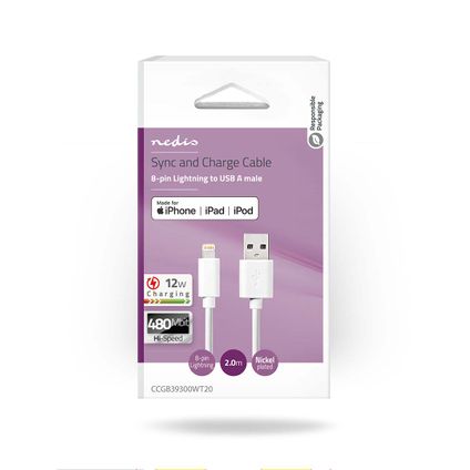 Câble Nedis Lightning Fresh Green Charge USB 2.0 - Apple Lightning à 8 broches 2m blanc