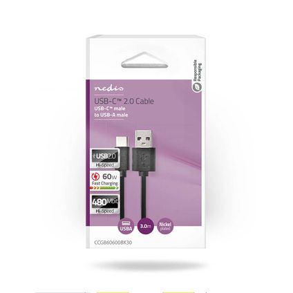 Câble USB Nedis Fresh Green Charge USB 2.0 - USB-C™ mâle 3m noir