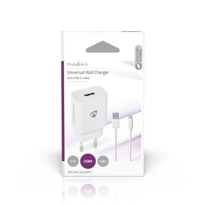 Chargeur mural Nedis Fresh Green Charge USB-A 12W - fonction de charge rapide 1m blanc