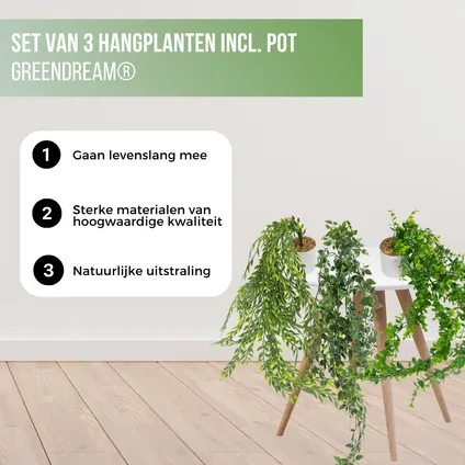 GreenDream® 3 Verschillende Hangplanten Kunstplanten in Pot - decoratief - Cadeautip - Groen 6