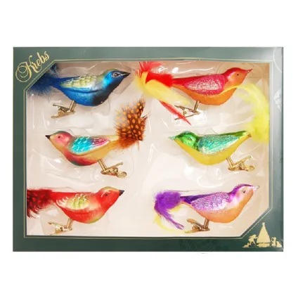 Krebs kerstboom vogels op clip - 6x st - gekleurd - glas - 11 cm 2