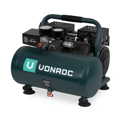 Compresseur d'air silencieux VONROC PRO - 750W – 1HP- 128 l/min. - Sans huile - Réservoir 6L - 8 bar - 57,5dB(A) - 3