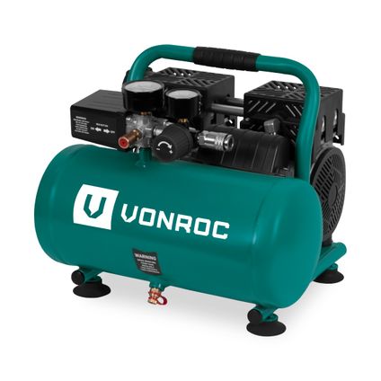 Compresseur d'air silencieux VONROC PRO - 750W – 1HP- 128 l/min. - Sans huile - Réservoir 6L - 8 bar - 57,5dB(A) -