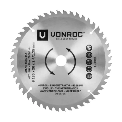 VONROC Cirkelzaagblad – 185x20mm – 48 tanden – Geschikt voor hout – Universeel 2