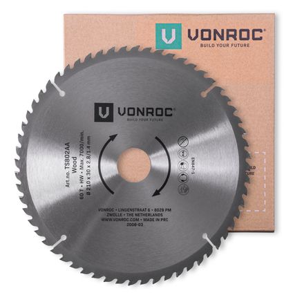 VONROC Zaagblad – 210mm – 60 tanden – voor hout – geschikt voor tafelzagen en afkortzagen