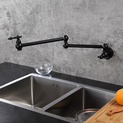 Uitschuifbare keukenkraan voor wandmontage met twee hendels - Zwart