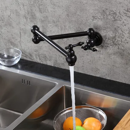 Uitschuifbare keukenkraan voor wandmontage met twee hendels - Zwart 2
