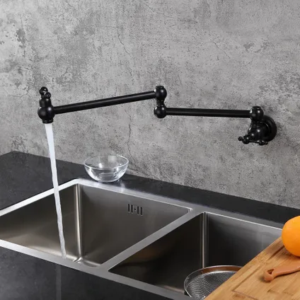 Uitschuifbare keukenkraan voor wandmontage met twee hendels - Zwart 3