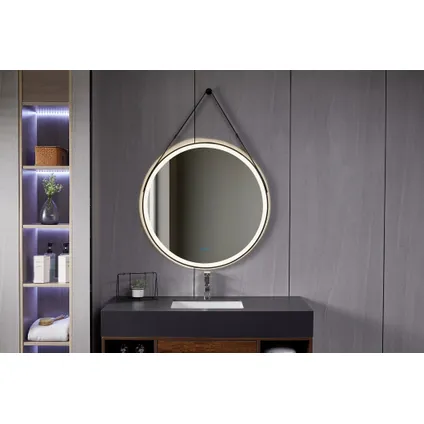 Bella Mirror - Spiegel 80 cm met trendy riem zwart frame, inbouw led verlichting en anti-condens