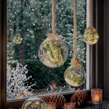 Kerstbal met jute touw en 40 LED lampjes - 20cm - Helder glas 3