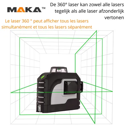 MAKA 3x 360° Groene Lijnlaser met richtplaat - 0,3 mm/m - 3° zelfnivellerend - 30 M - 3D 12 lijnen 4