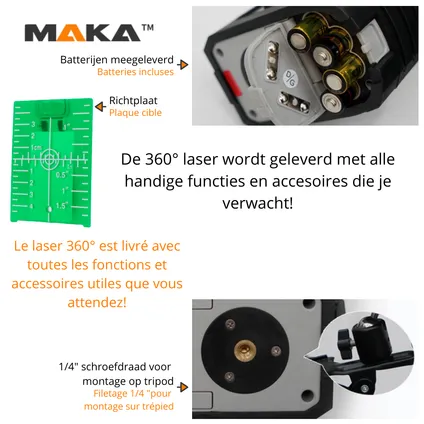 Laser à Lignes Vertes 3x 360° MAKA - 0,3 mm/m - Auto-nivellement à 3° - 30 M - 3D 12 Lignes 6