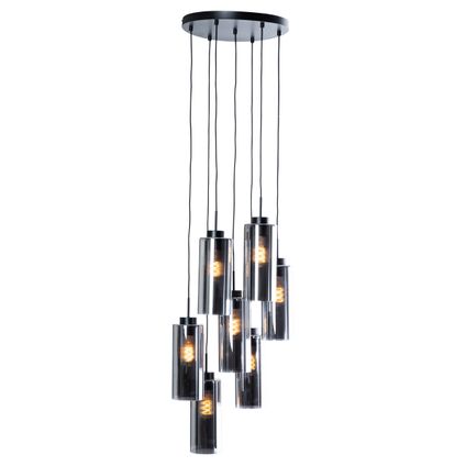 QAZQA Art Deco hanglamp zwart met smoke glas 7-lichts - Laura