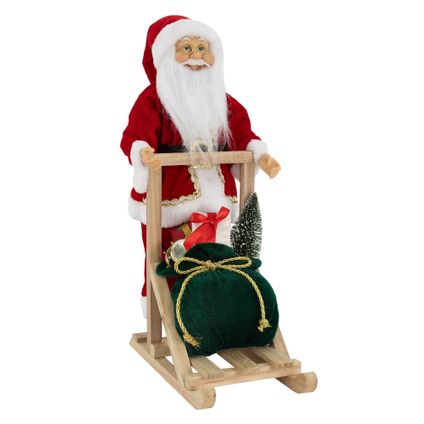 Père Noël Debout sur son Traîneau ECD Germany 30x20x50cm, Polyrésine-Bois, Décoration Sapin de Noël