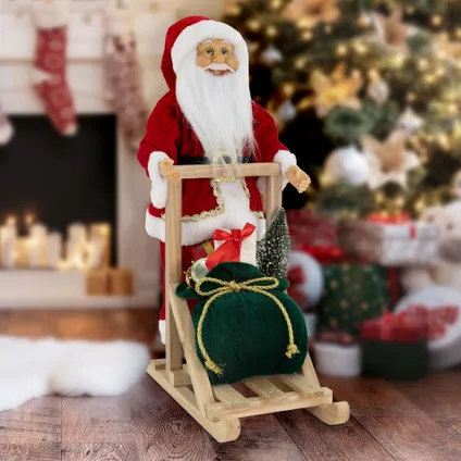 Père Noël Debout sur son Traîneau ECD Germany 30x20x50cm, Polyrésine-Bois, Décoration Sapin de Noël 2