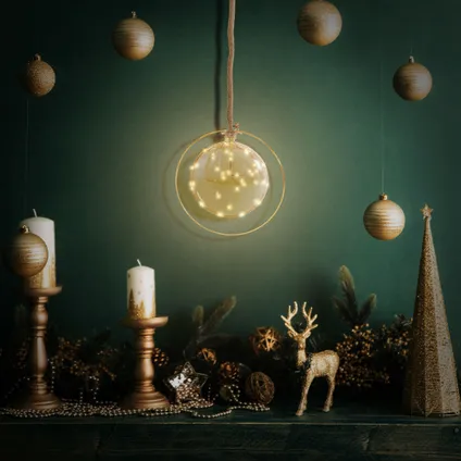 Boule de Noël ECD Germany LED Ø18 cm sur Corde de 80 cm, Blanc Chaud, Doré, en Verre avec 40 LED 8