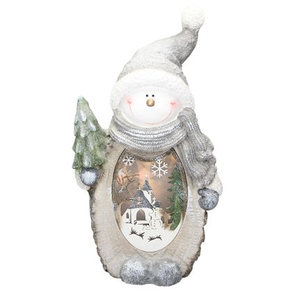 ECD Germany Sneeuwpop Figuur met LED-verlichting 53 cm Warm Wit met Grijze Muts en Sjaal