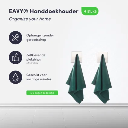 EAVY Set van 4 Handdoekhaakjes – Handdoekhouders - Zelfklevend – Zelfklevende haakjes 2