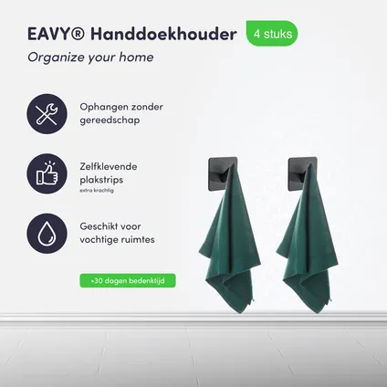 EAVY Handdoekhaakjes Zelfklevend Zwart - 4x Zelfklevende Haakjes - Handdoekhouder 2