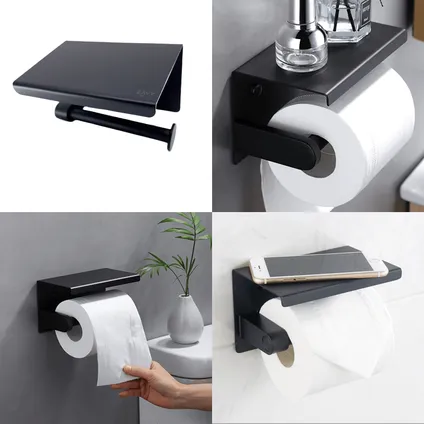 EAVY WC Porte-rouleau avec Étagère - Auto-adhésif / Sans Perçage / Perçage - Porte-papier Toilette - Noir 9