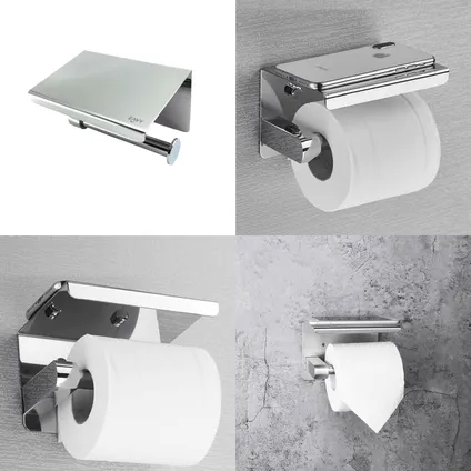 EAVY WC Porte-rouleau avec Étagère - Auto-adhésif / Sans Perçage / Perçage - Porte-papier Toilette - Chrome 9