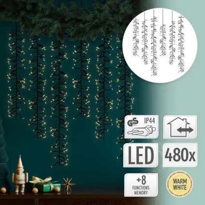 ECD Germany LED lichtketting gordijn met 480 LED's, warm wit, lichtnet met 8 standen + timer, IP44 2
