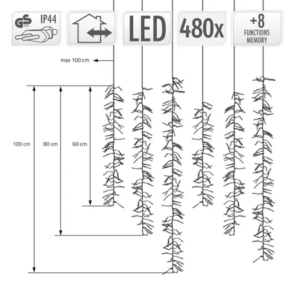 ECD Germany LED lichtketting gordijn met 480 LED's, warm wit, lichtnet met 8 standen + timer, IP44 6