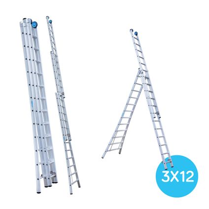 Eurostairs uitgebogen driedelige ladder - Reform ladder - 3x12 sporten + gevelrollen